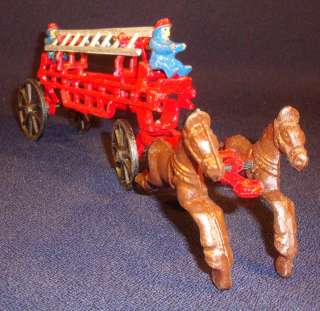 Vintage Cast Iron Fire Department Double Horse & Ladder Wagon, 2 