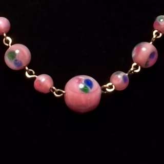 Vtg Czech SATIN GLASS Bead Paperweight Necklace Pink  
