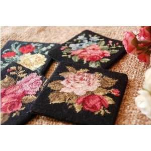   Wool Needlepoint 4pc Cup mat/Hot pad Roses