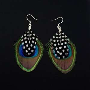  Peacock and Guinea Fowl Feather Earrings with Sterling 