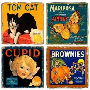  Vintage Fruit Label Coaster Set 1   Tomcat, Mariposa Fancy 