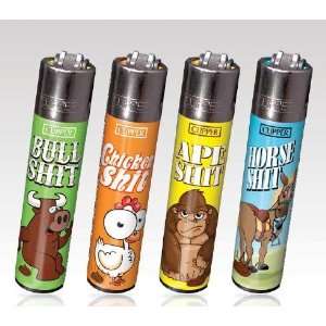  4 Clipper Refillable Lighters Bull, Chicken, Horse, Ape 