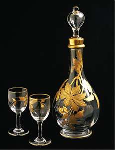 Antique French Gilt Enamel Glass Decanter Stemware Set Orig Stopper 
