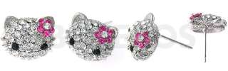 Swarovski Crystal Hello Kitty Stud Earrings Pink Flower  