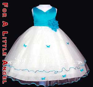 Aqua Blue Flower Girl Dress Butterfly Pageant sz S  