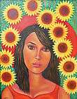Young lady Sunflowers Cuban artist MIGUEL ALFARO  