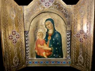   Gilt Wood Byzantine Religious Triptych Icon Madonna w Child  
