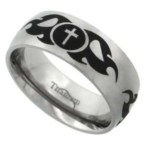  8mm Dome Wedding Band Ring Laser Etched Black Cross in Tribal Flames 