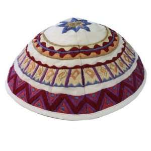 Embroidered Kippah   Geometrical Whi 