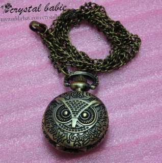 Bronze Owl Pattern Cover Quartz Pocket Pendant Watch Necklace Sweater 