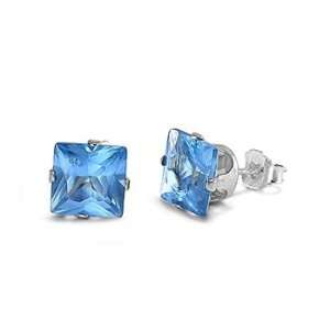  Sterling Silver   6mm Blue Topaz CZ Square Stud Earrings Jewelry