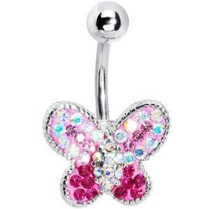  Pink Crystal Bedazzle Butterfly Belly Ring Jewelry