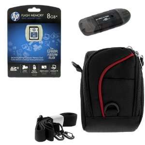 Card Reader + Black with Red Strip Camera Pouch Case for Nikon Coolpix 