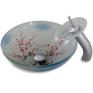 Geyser Japanese Bathroom Glass Vessel Sink and Chrome Waterfall Faucet 