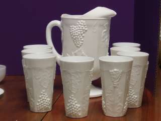 Awesome Indiana Milk Glass Pitcher with 8 Glasses / Tumblers, Grapes 
