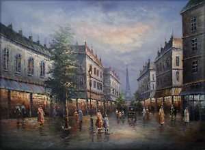   Hand Painted Oil Painting Old Paris Street with Eiffel Tower  