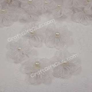 100 White Organza Flower w/ Pearl Bead Applique Wedding  
