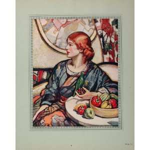1919 Ethel Wright Green Bird Fruit Woman Portrait Print   Orig. Hand 