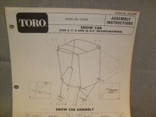 TORO SNOW CAB FOR 5,7,8 AND 10 H.P. SNOWTHROWERS PARTS CATALOG 