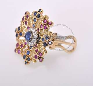 Estate Gold Diamond Ruby Sapphire 1940 Floral Earrings  