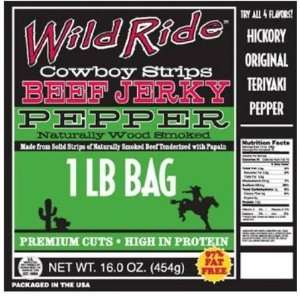 Wild Ride Beef Jerky Cowboy Strips, Pepper, 16 oz Bag (Quantity of 3)