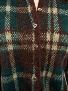 Vintage 50s Blue Green+Brown PLAID Cardigan Sweater M L  