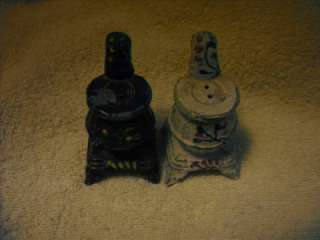 Vintage Pot Belly Stove Salt & Pepper Shakers Hand Painted Black and 