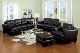   LOVESEAT CHAIR OTTOMAN BLACK LEATHER 4 PIECE SET BUTTONED SEATS  