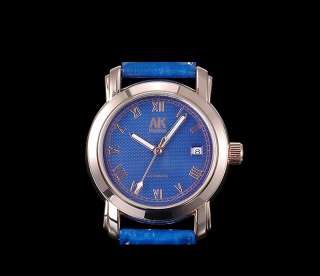 AK Homme Blue Leather Band Golden Case Roman Numerals Date Display 