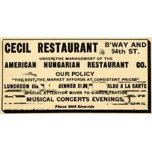   Ad Cecil Restaurant American Hungarian Lunch Music   Original Print Ad