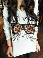 Japan Korea Fashion Funny Bespectacled Cat Kitty Long Sleeve TEE Shirt 