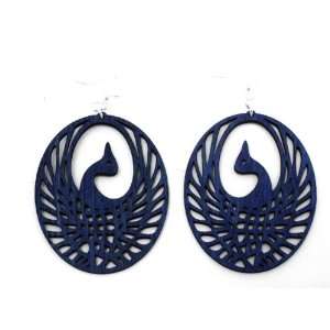  Royal Blue Bird Oval Wooden Earrings GTJ Jewelry