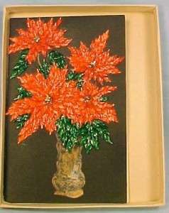  Vintage POINSETTIA FLOWERS CHRISTMAS CARD W OVERLAY PETALS Rust Craft