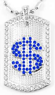 HIP HOP DOLLAR $ BLUE BLING ICED OUT DOG TAG w35 CHAIN  