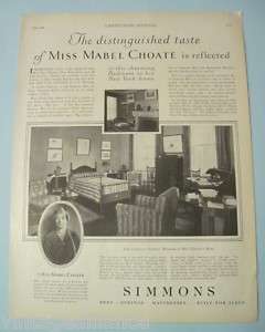 1928 Vintage SIMMONS Bedroom MISS MABEL CHOATE 20s Ad  