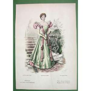 FASHION from Paris France Moniteur des Dames Green Dress Pink Sleeves 
