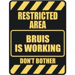   RESTRICTED AREA BRUIS IS WORKING  PARKING SIGN