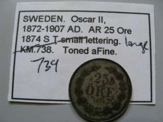 Two 1874 ST Silver 25 Ore coins of Sweden. FREE US s/h  