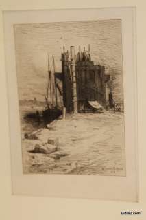 Robert Swain Gifford etching 1879 Schooner at a dock  