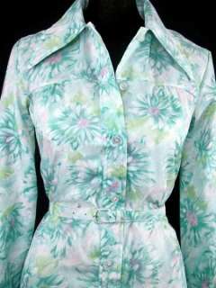 VTG 60s Silky Blue Floral Long Sleeve Button Front Shirt Dress w Belt 