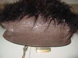 Cassandra brown real mongolian lamb fur leather studs HOBO hand bag 
