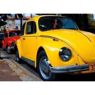 Vintage Red and Yellow Volkswagen Beetle Parked   24W x 17H   Peel 