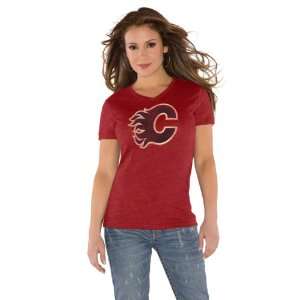  Calgary Flames Red Womens Primary Logo Tri Blend V Neck T 