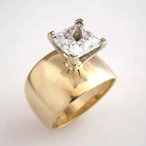 STUNNING SQ. PRINCESS CUT CZ ON WIDE BAND IN 14K GOLD  