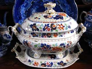   ANTIQUE STAFFORDSHIRE GAUDY IRONSTONE SOUP TUREEN AND UNDERTRAY  