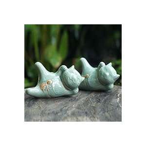  NOVICA Celadon ceramic statuettes, Lucky Cats at Play 