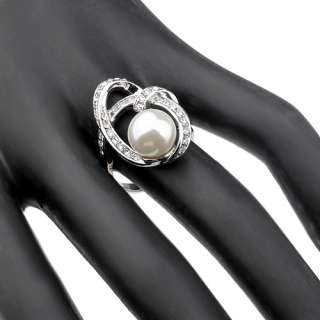 Rhodium Plated Silver tone Multi layer,Swarovski Crystal Pearl Ring 