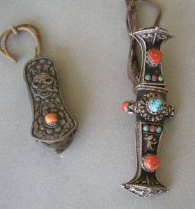   Tibetan needle case silver scull spitting fire leather pouch coral
