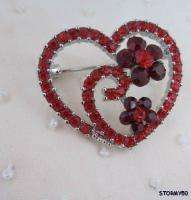 Valentine Red Crystal Heart Flower Cluster Pin Brooch  