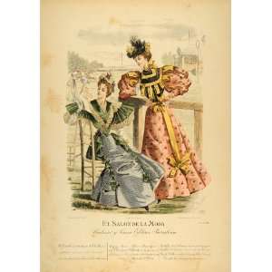 1895 Victorian Lady Spring Dress Costume Hat Lithograph   Hand Colored 